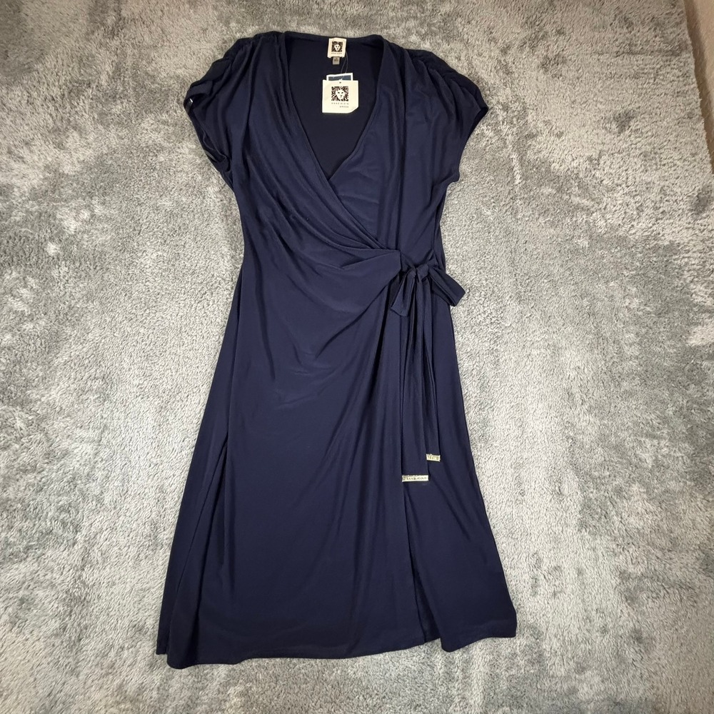 Anne Klein Navy Blue Faux Wrap Dress Short Sleeve V-Neck Size 10 NEW